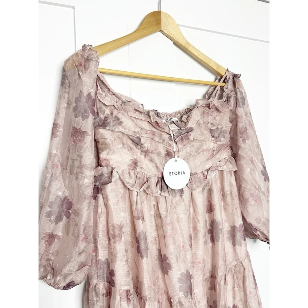 Storia Light Pink Floral Off Shoulder Long Sleeve Tiered Maxi Dress Medium girly - Picture 7 of 14